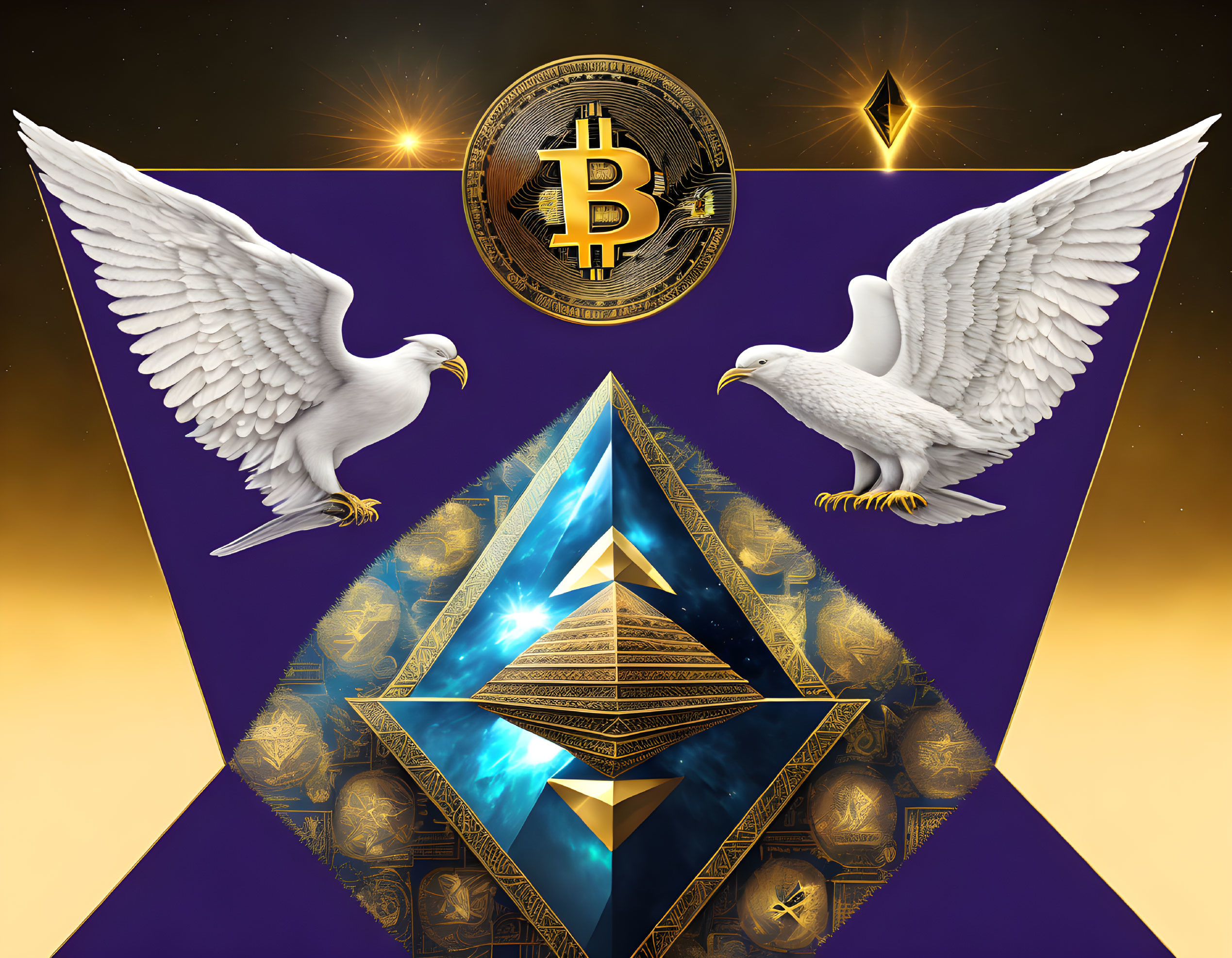 White doves, Ethereum logo, coins, and Bitcoin symbol on cosmic background.