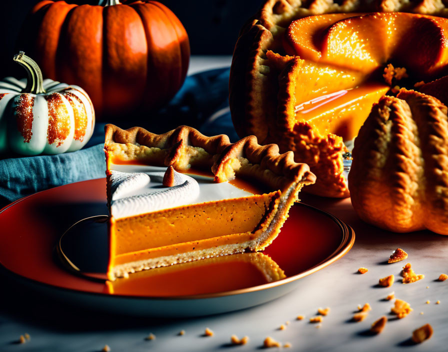 Pumpkin pie slice with whipped cream on red plate