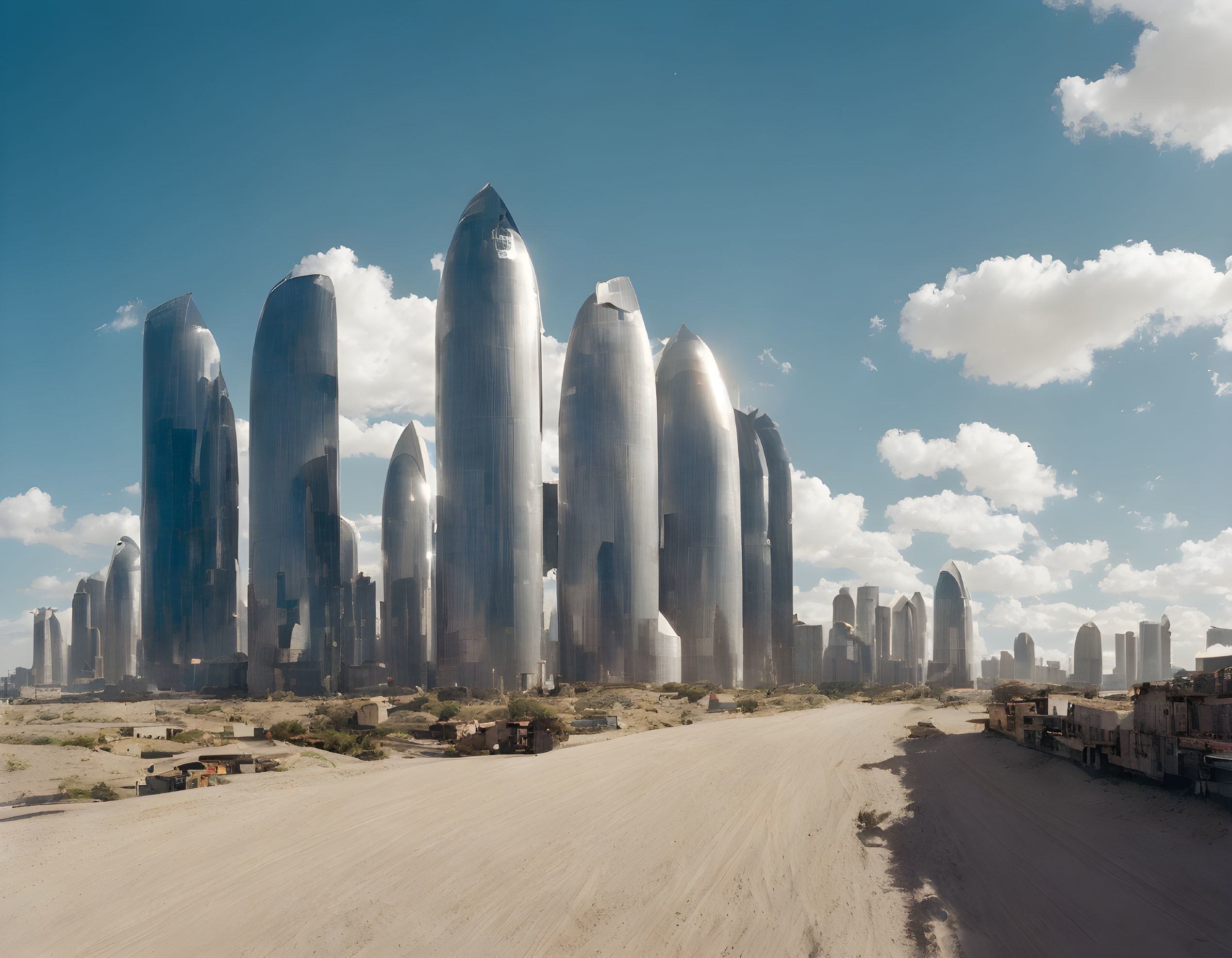 Futuristic cityscape with sleek skyscrapers under blue sky