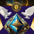 White doves, Ethereum logo, coins, and Bitcoin symbol on cosmic background.