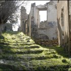 Young girl in front of sunlit overgrown path to abandoned, vine-covered building