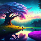 Vibrant digital artwork of large tree, lantern, and purple landscape