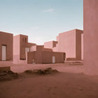 Minimalist Desert Architecture: Pink Geometric Buildings in Serene Landscape