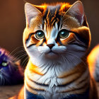 Hyper-realistic digital artwork: Orange tabby cat with blue eyes and purple flowers.