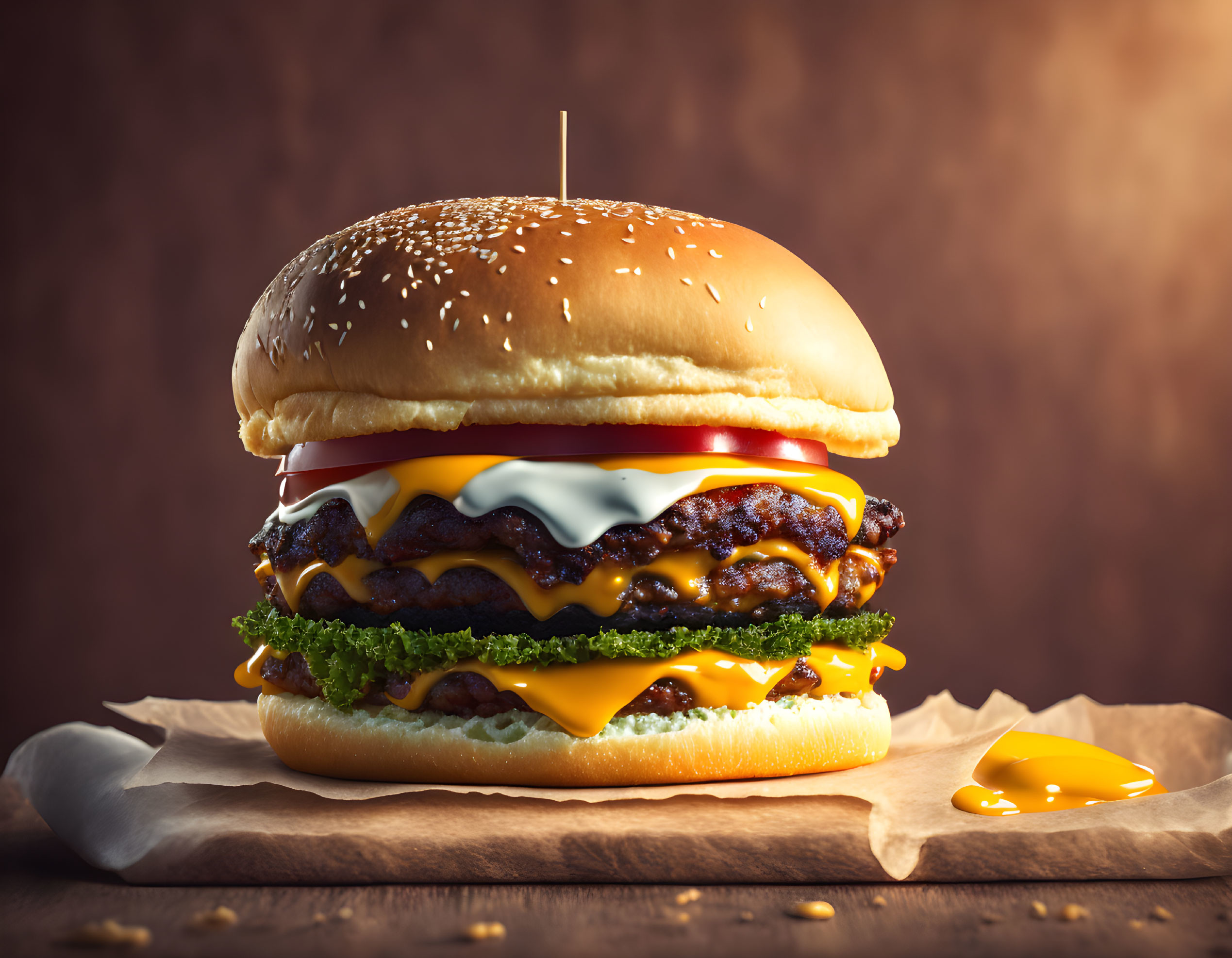 Cheeseburger with double patties, lettuce, melted cheese, and sauce on sesame bun