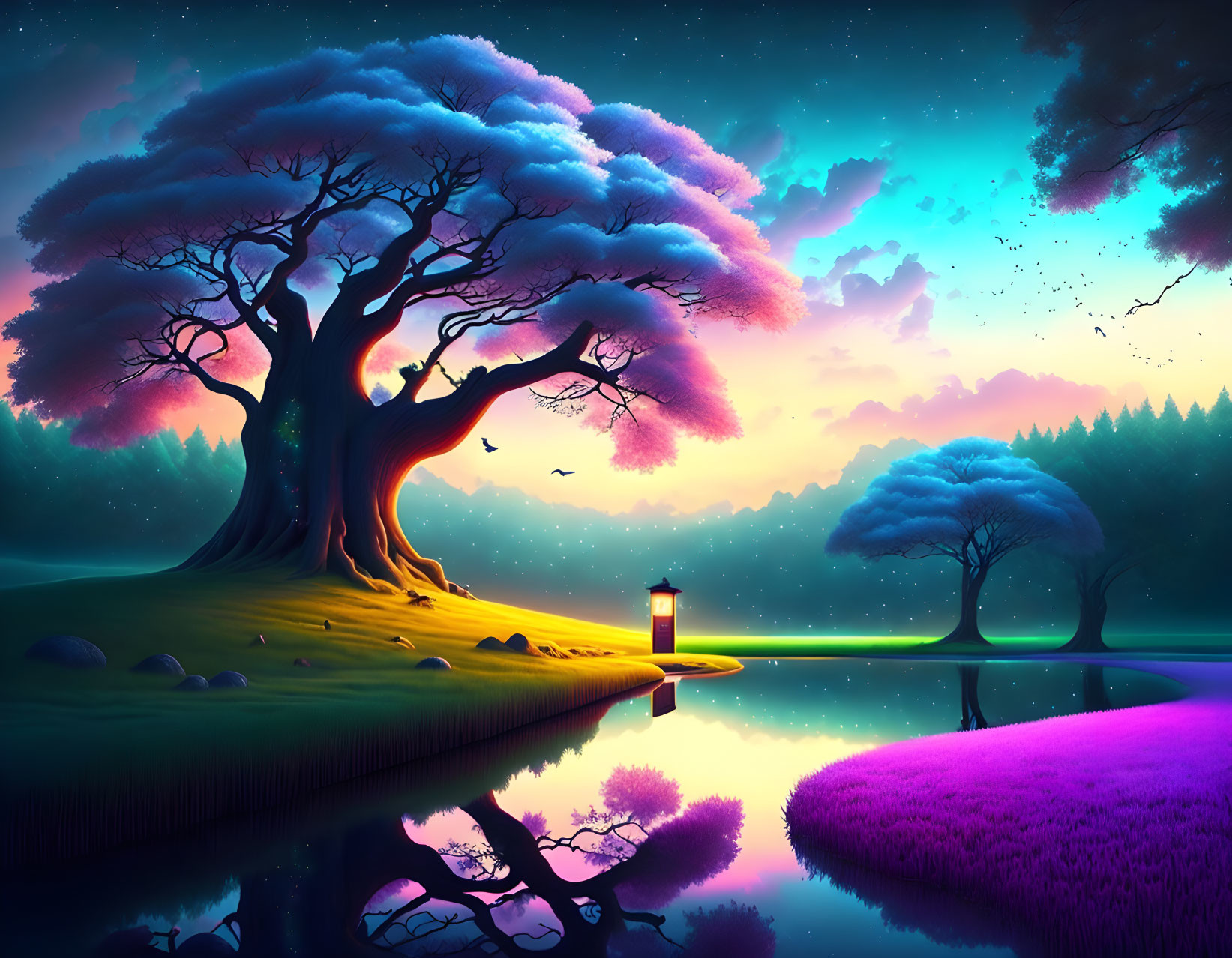 Vibrant digital artwork of large tree, lantern, and purple landscape