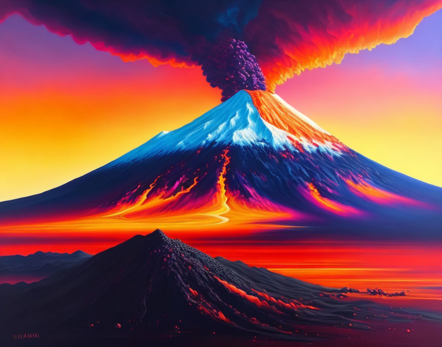 Colorful surreal illustration of volcanic eruption in vivid blue and red tones