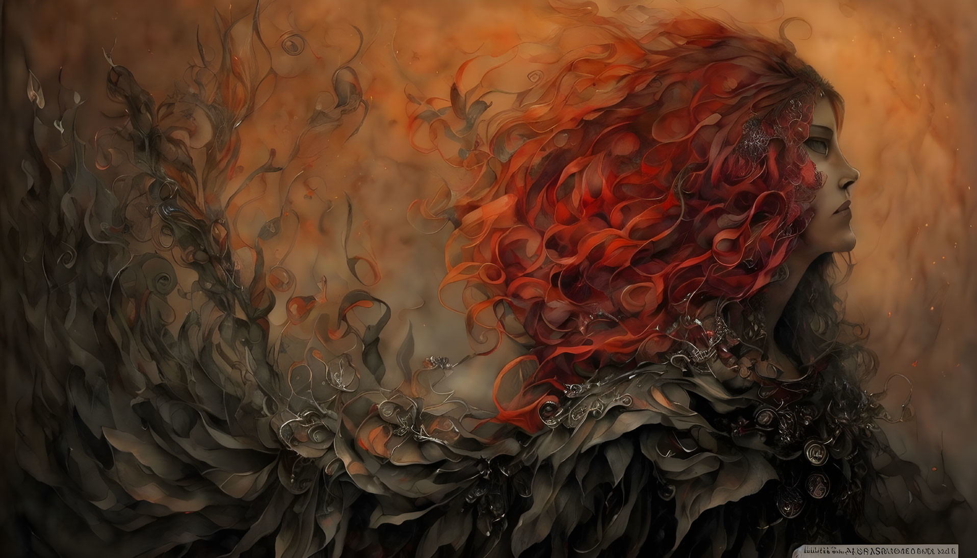 Person with Fiery Red Hair in Dark Feather-like Attire on Amber Background