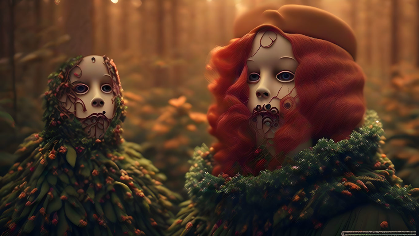 Whimsical figures with doll-like faces in forest scene