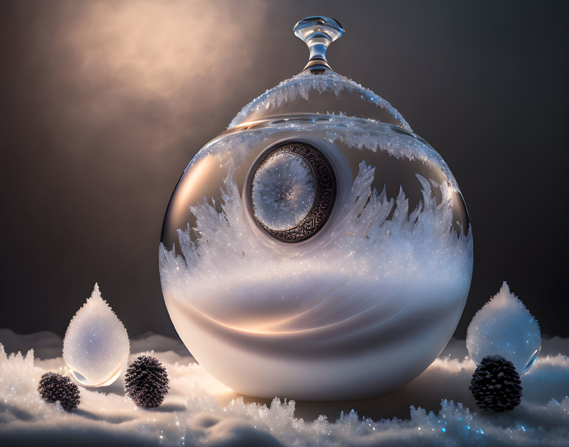 Ornate glass perfume bottle with frost patterns and smaller frosted objects on dark background