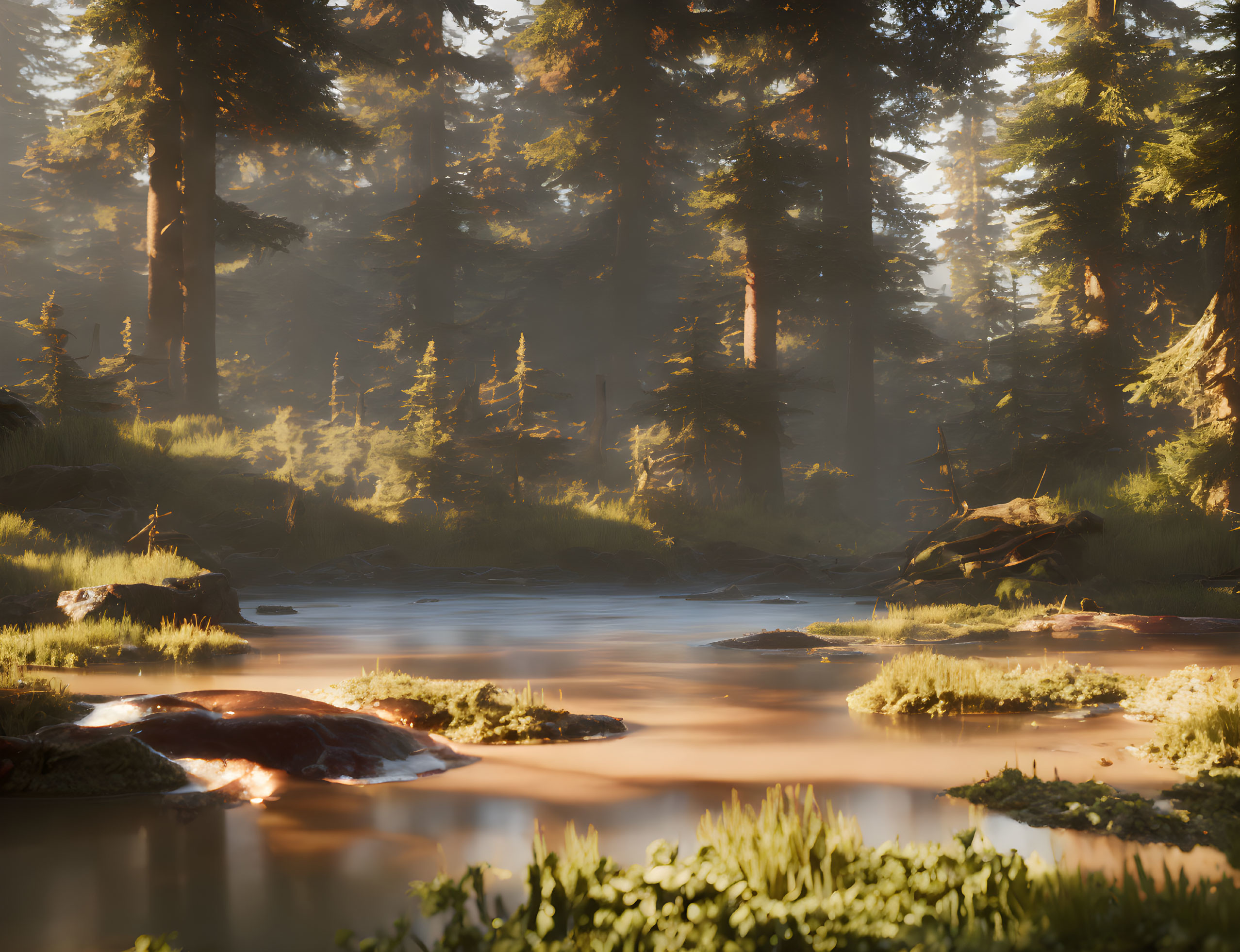 Tranquil Sunrise Forest Scene with River and Sunlight