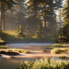 Tranquil Sunrise Forest Scene with River and Sunlight