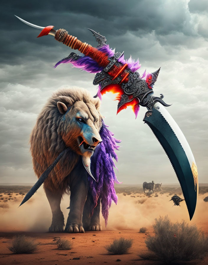 Purple Flamed Lion Holding Ornate Sword in Desert Landscape