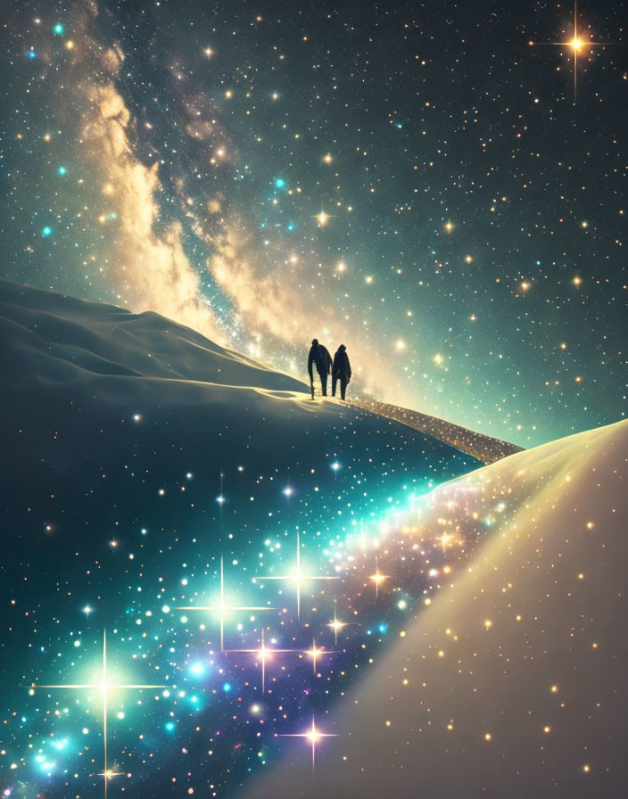 Silhouetted figures on surreal starlit landscape with vibrant galaxy