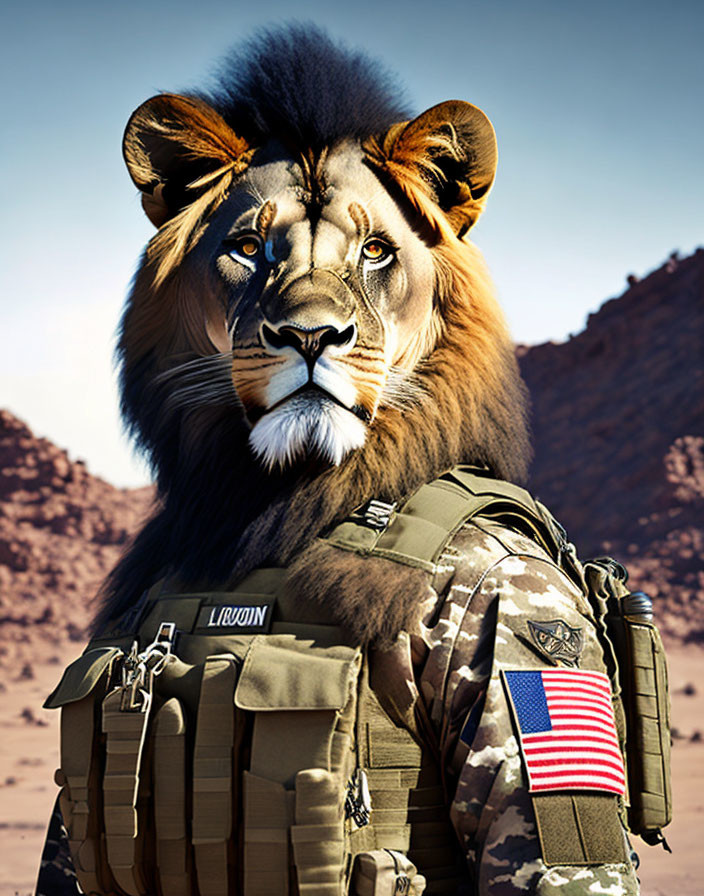 Lion's head on human body in military attire with American flag patch, desert backdrop