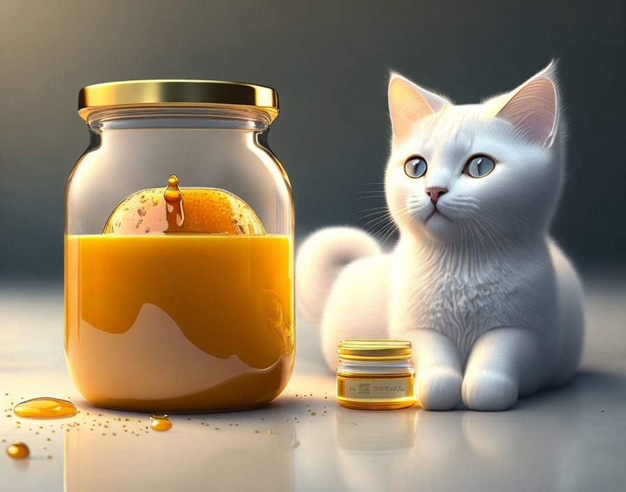 White Cat with Honey Jar and Cap in Soft Lighting