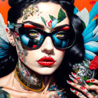 Colorful makeup and floral patterns on a woman's portrait with sunglasses on red background