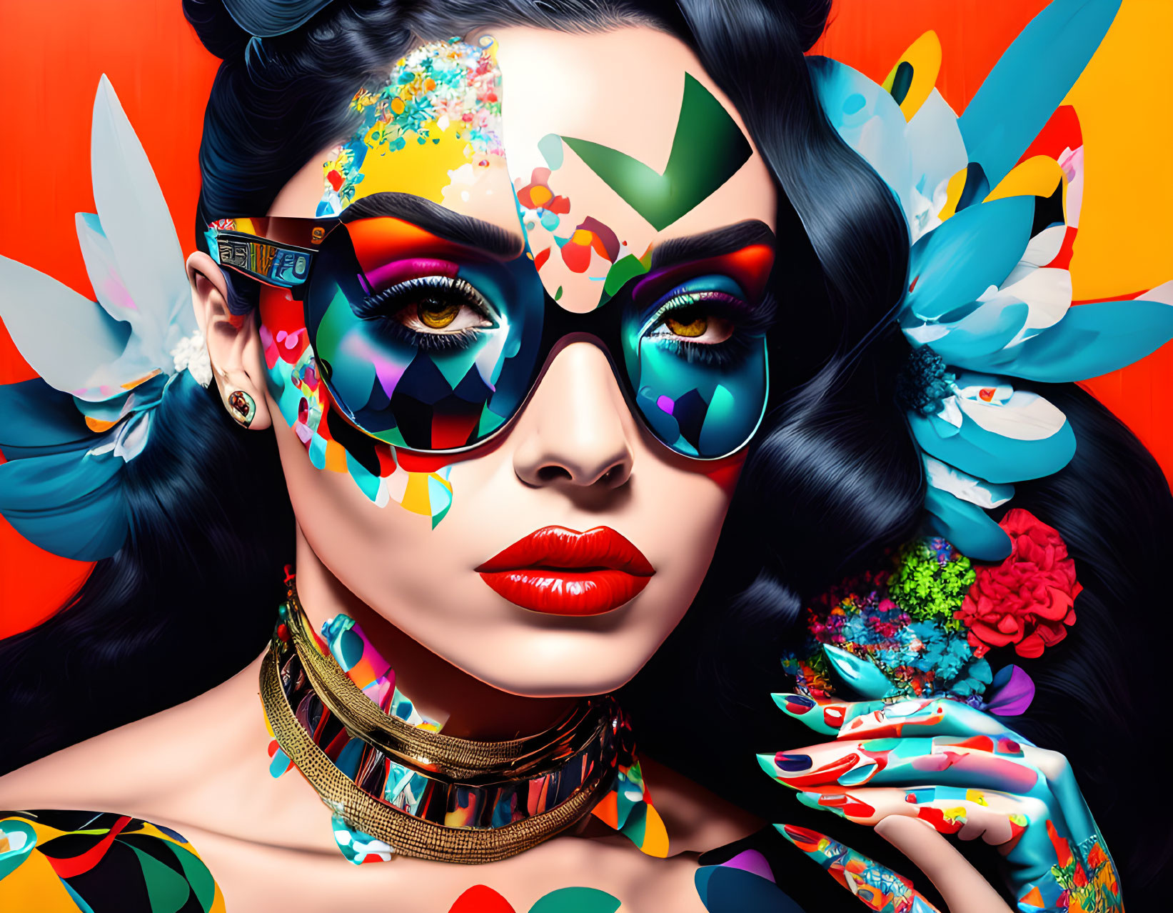 Colorful makeup and floral patterns on a woman's portrait with sunglasses on red background