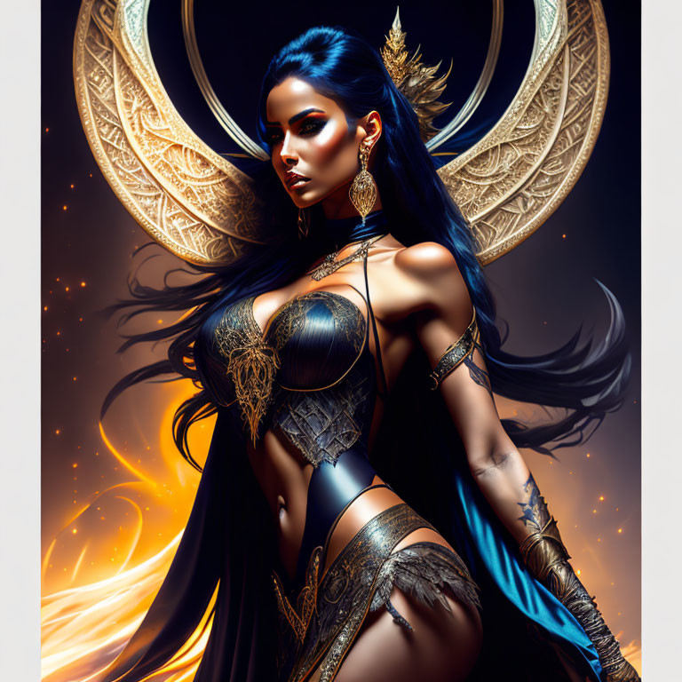 Fantasy woman with blue hair and golden armor in mystical setting