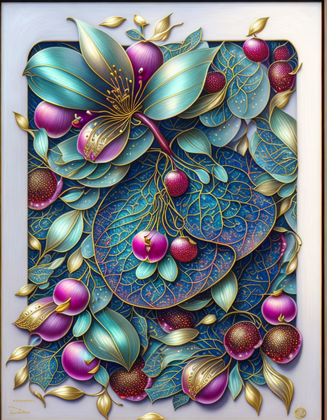 Intricate botanical artwork with stylized blue and teal flowers, golden highlights, and purple berries