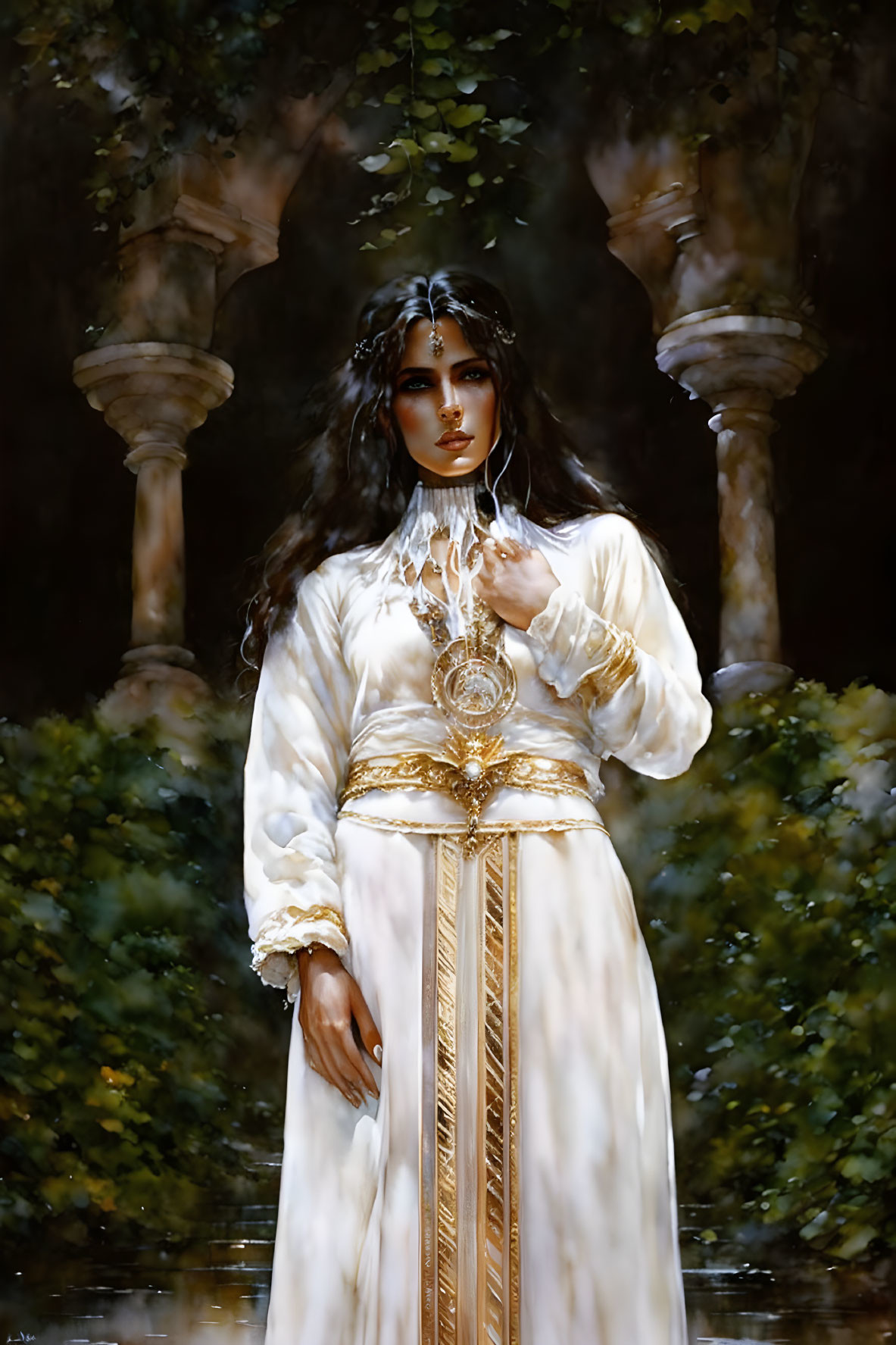 Woman in white gown with gold trim among shadowed pillars and dark hair.