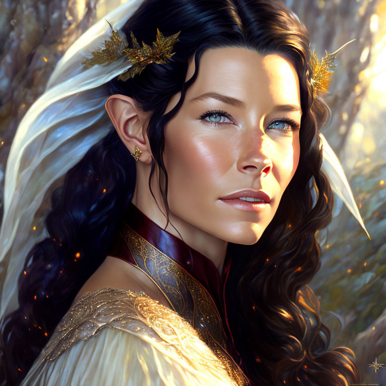 Fantasy elf woman with long wavy hair in regal golden crown in sunlit forest