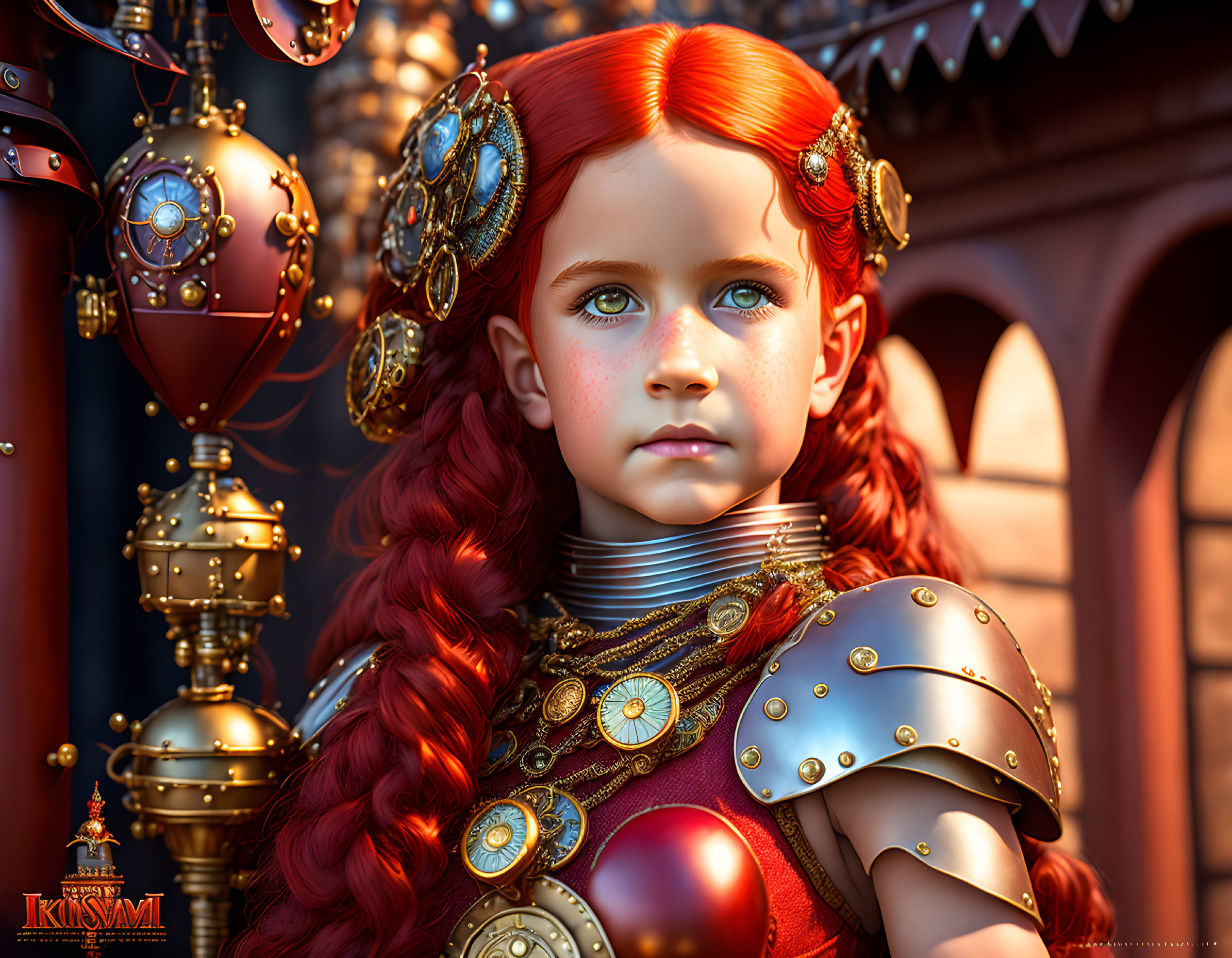 Vibrant red-haired girl in gold armor on warm vintage background