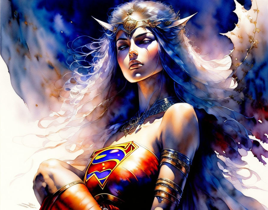 Female warrior with white hair, golden tiara, Superman emblem, and fiery backdrop