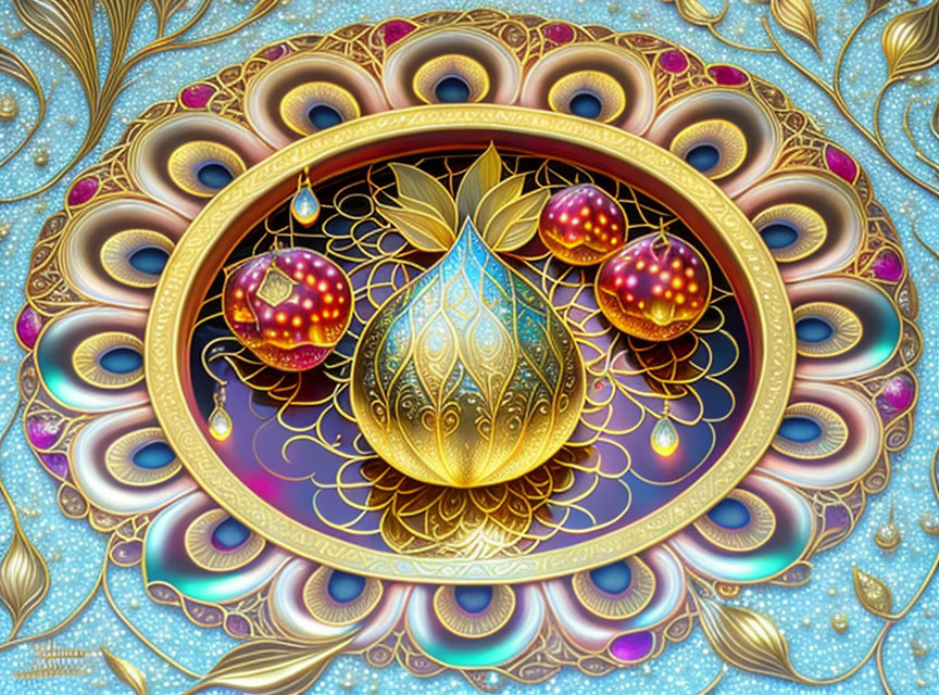 Colorful digital art: stylized peacock feather with golden patterns & gemstones