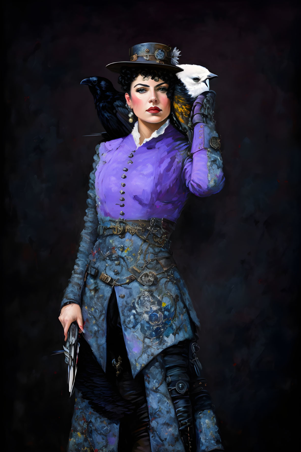 Victorian woman with top hat holding white owl in purple gloves