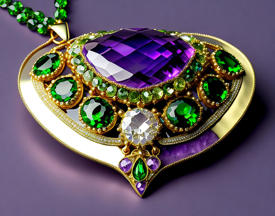 Luxurious Pendant with Large Purple Gemstone and Green Crystals on Gold Frame