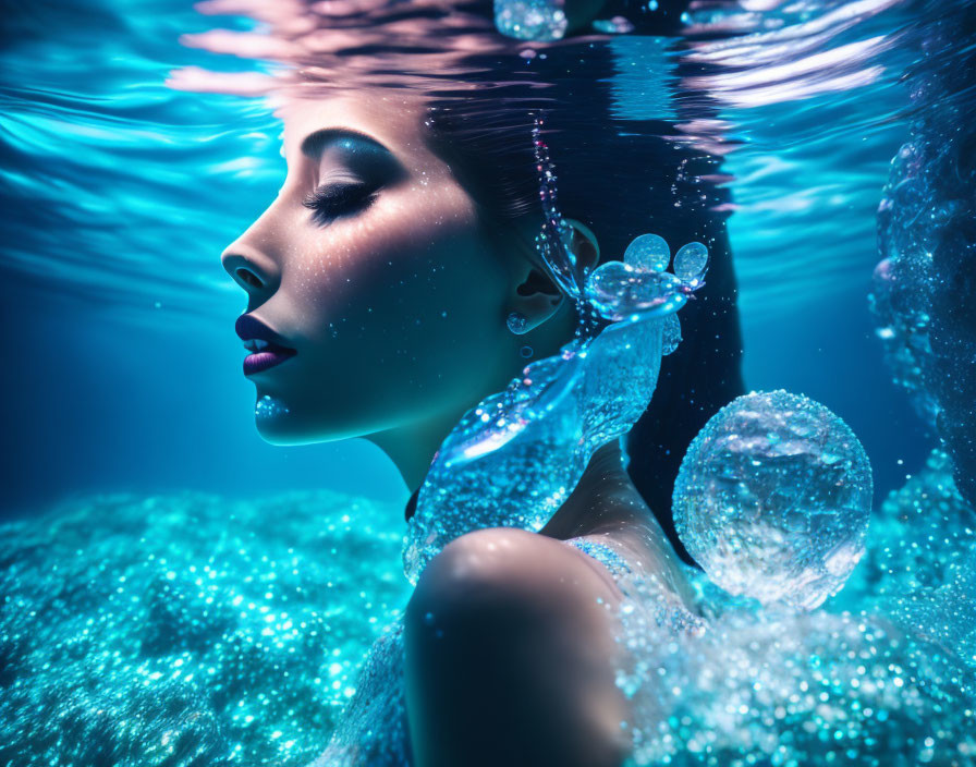 Woman submerged in water with bubbles, illuminated by blue light