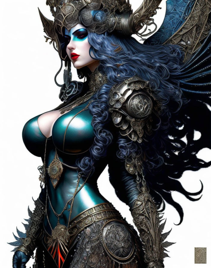 Fantasy warrior woman with ornate armor, horns, and blue hair