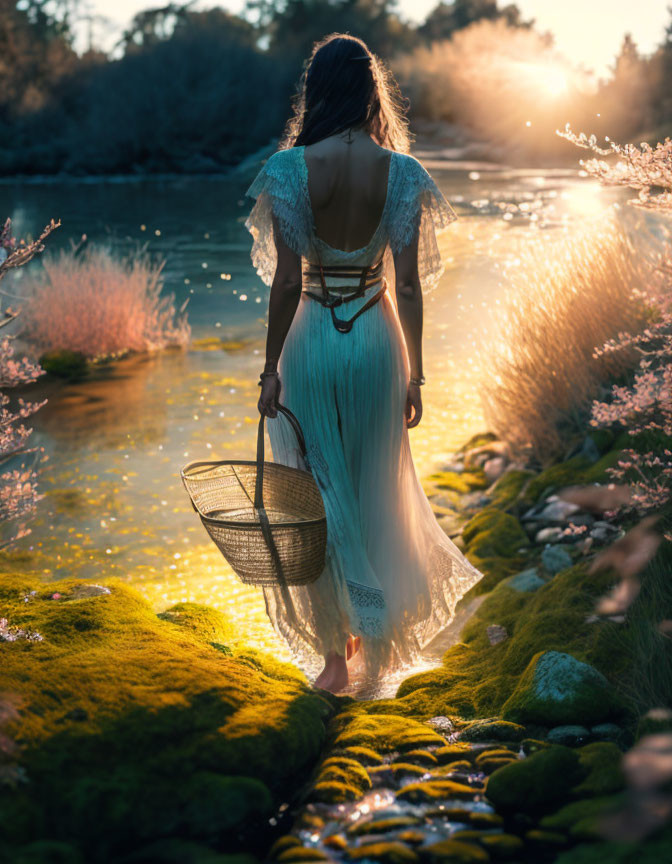 Woman in flowing dress by river at sunset with sunlight filtering through trees and illuminating pink flowers and green