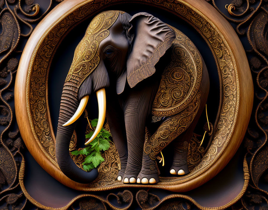 Circular Ornate Frame Surrounds Detailed Elephant Image