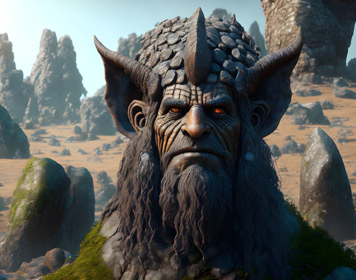 Detailed 3D rendering of fantasy creature with horns and scale-like textures against rocky landscape