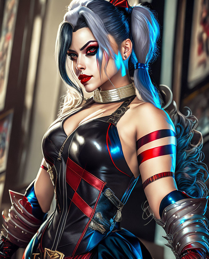 Digital artwork: Woman with blue and white hair, red and black outfit, choker, arm bands