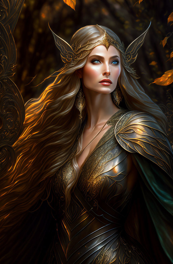 Regal woman in golden armor with flowing hair in autumn forest.