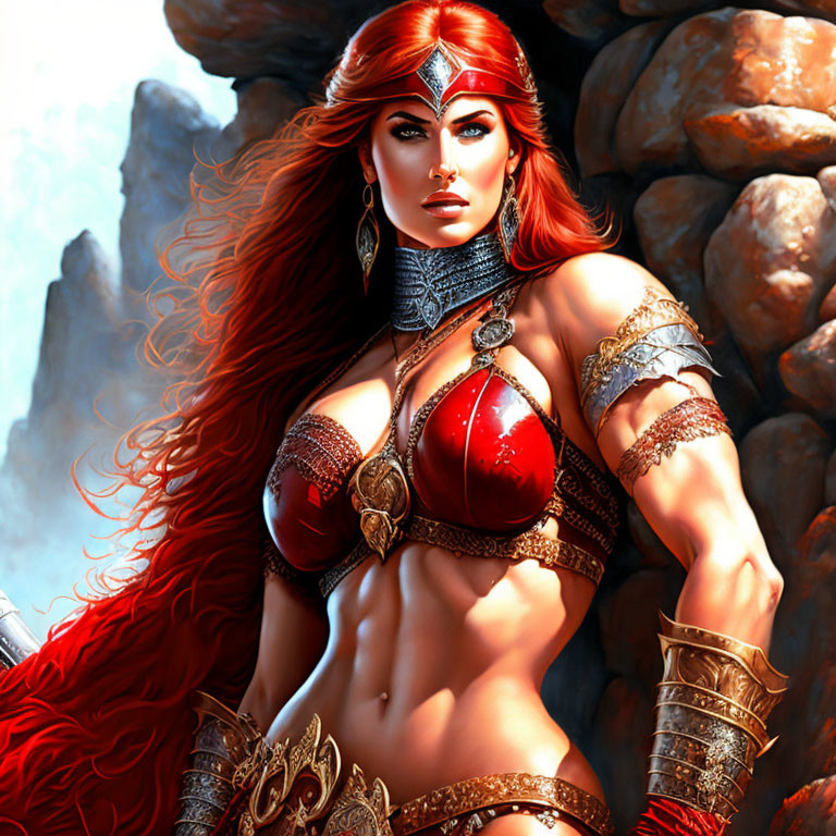 Warrior woman with red hair in armor and headband