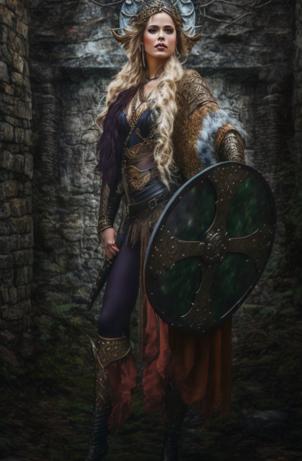 Woman in Viking costume with horned helmet and shield against stone backdrop