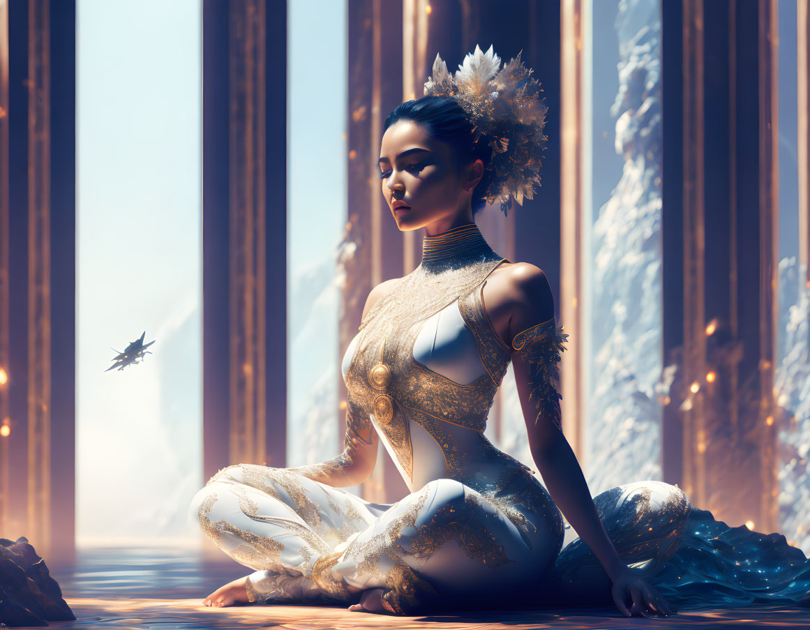 Woman in white and gold outfit by tall windows with dragonfly and snowy trees.