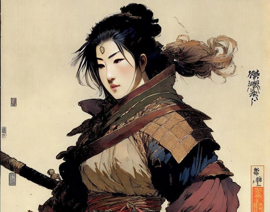 Illustrated portrait of samurai woman in traditional armor with katana and intricate hair styling on beige background