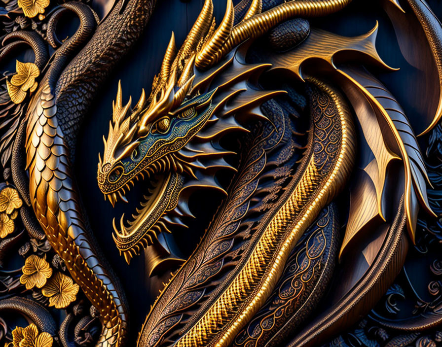 Golden dragon with intricate scales and feathers on textured background