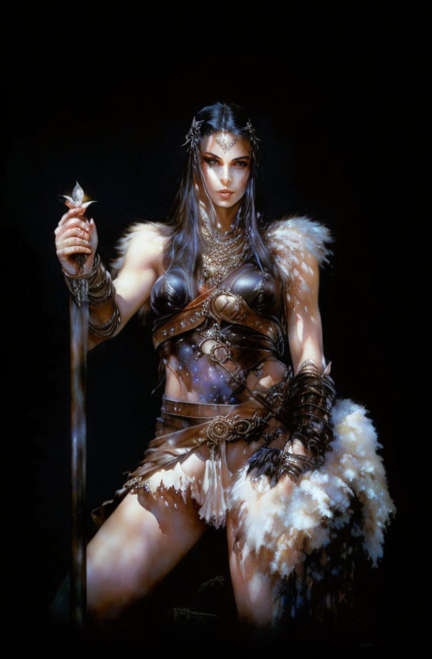 Fantasy warrior woman illustration with dark hair, armor, fur, staff