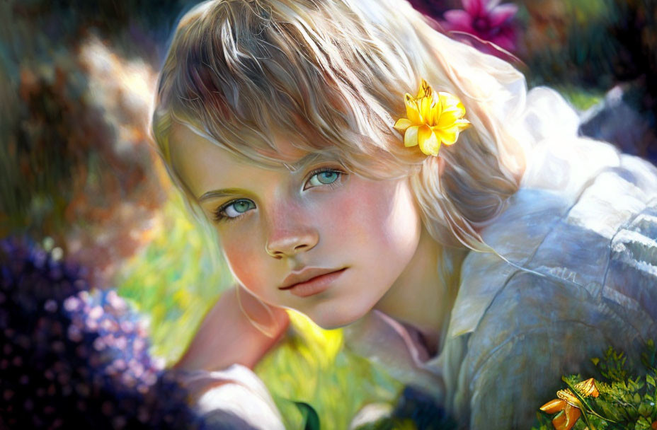 Blond Girl with Blue Eyes and Yellow Flower in Colorful Floral Setting