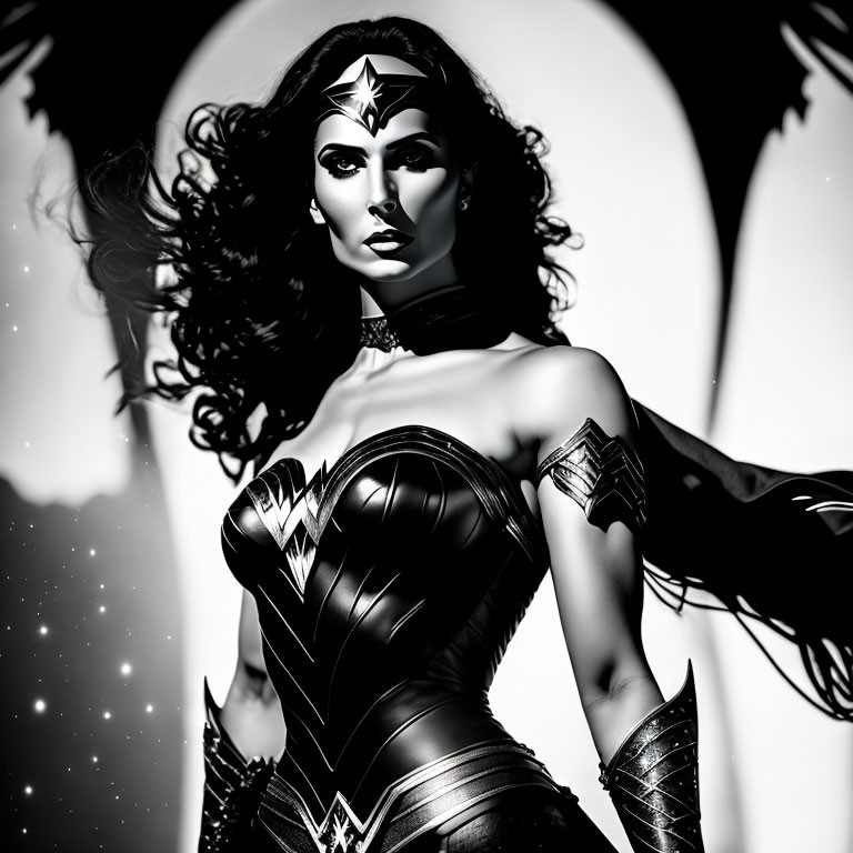 Monochrome artwork of female superhero with tiara, star emblem costume