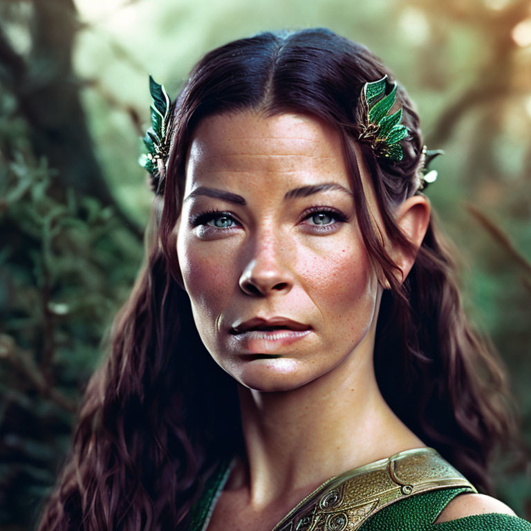 Woman with leaf-like hair adornments and green outfit against natural backdrop