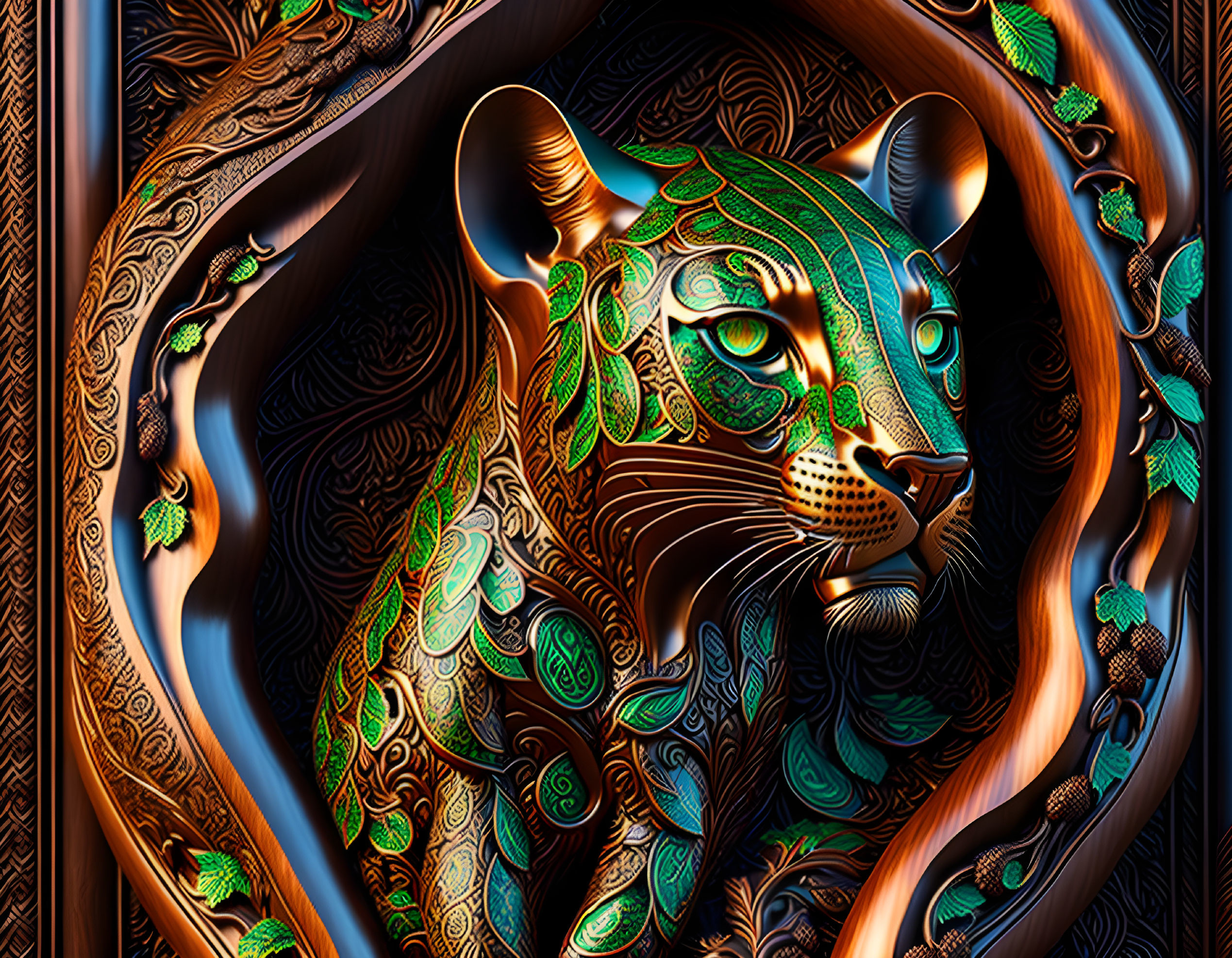 Stylized jaguar digital art with intricate patterns on wooden background