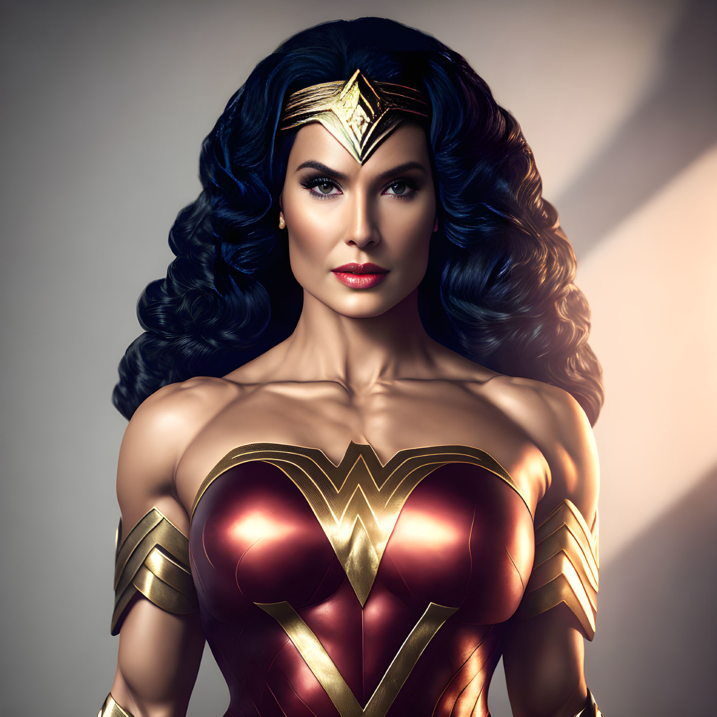 Female superhero with black hair in gold tiara and red costume