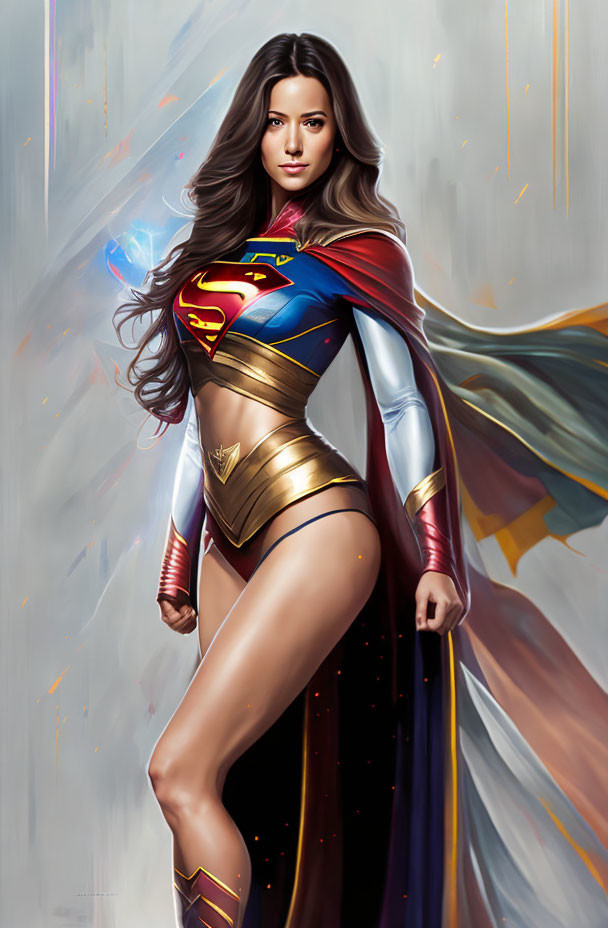 Female superhero digital painting in modern Superwoman costume with red and blue suit, gold accents, and flowing